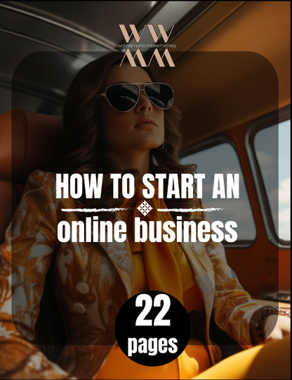 Promotional ebook cover for 'How to Start an Online Business' featuring a woman sitting in a car wearing sunglasses and a fashionable outfit, with text detailing the ebook's content and steps for starting an online business.